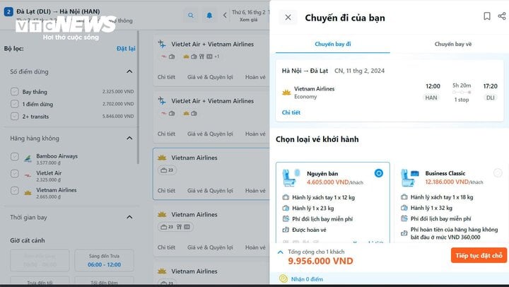 Giá vé khứ hồi chặng Hà Nội - Đà Lạt của Vietnam Airlines gần 10 triệu đồng.