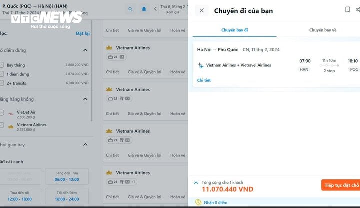 Giá vé máy bay khứ hồi chặng Hà Nội - Phú Quốc của hãng hàng không Vietnam Airlines trên hệ thống bán vé trực tuyến sáng 1/11 lên đến hơn 11 triệu đồng.