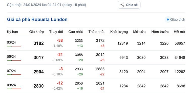 Giá cà phê mới nhất ngày 24/1/2024