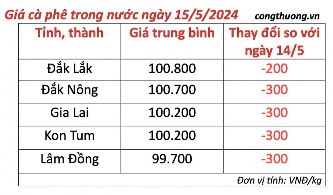 Giá cà phê mới nhất ngày 15/5/2024: Cà phê trong nước giảm nhẹ 200 – 300 đồng/kg