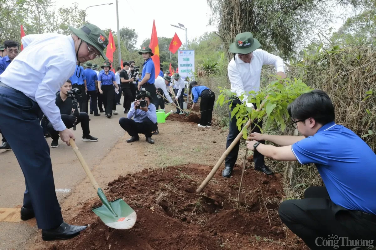 Lãnh đạo Petrovietnam và lãnh đạo tỉnh Bà Rịa - Vũng Tàu tham gia trồng cây tại tuyến đường thanh niên kiểu mẫu. 